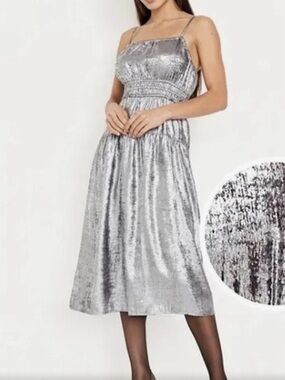 Y2K Metallic Boho Smocked Waist defined Midi Dress L Party Prom Graduation Glam